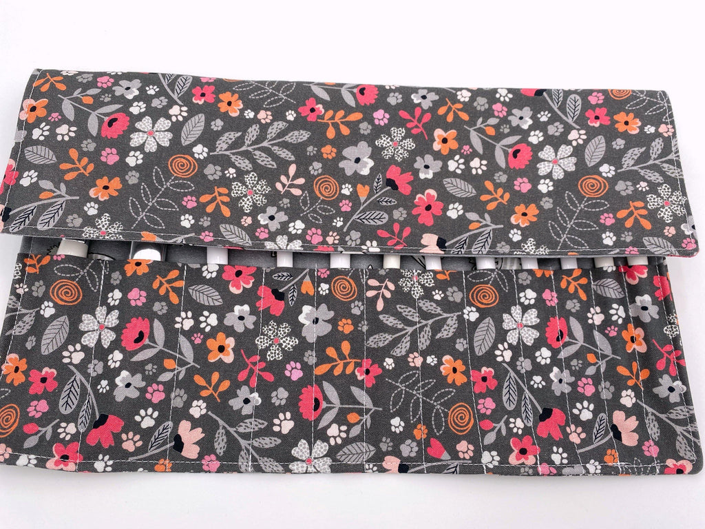 Makeup Brush Roll, Travel Make Up Brush Holder, Makeup Brush Bag, Fabric Makeup Brush Organizer, Knitting Needle Roll - Floral Kitty Gray