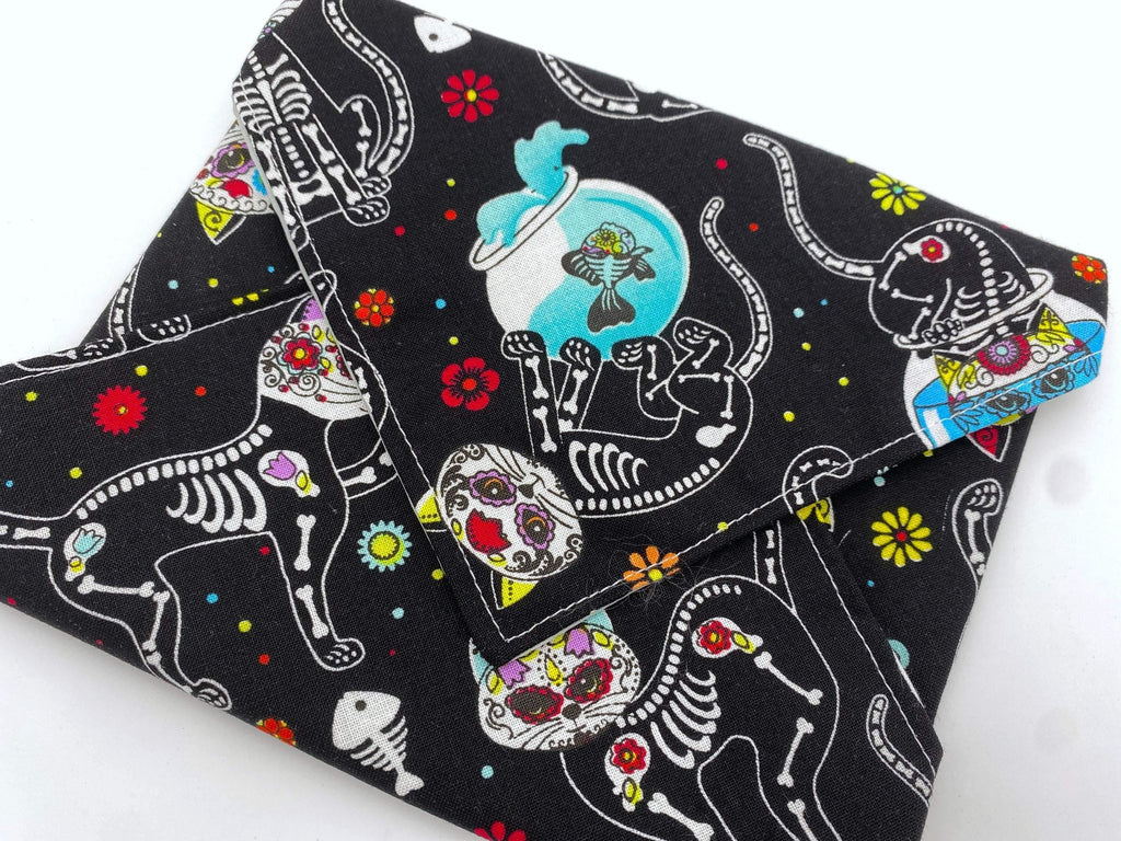 Reusable Sandwich Bag, Sugar Skulls Sandwich Wrap, Reusable Sandwich Mat - Sugar Skulls Kitty