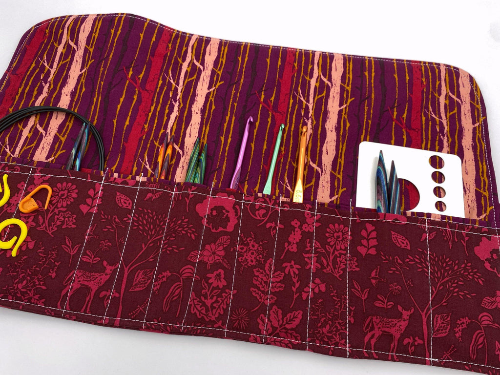 Interchangeable Knitting Needle Case, Knitting Notions Storage. Crochet Hook Roll, Knitting Needle Organizer - Forest Magenta