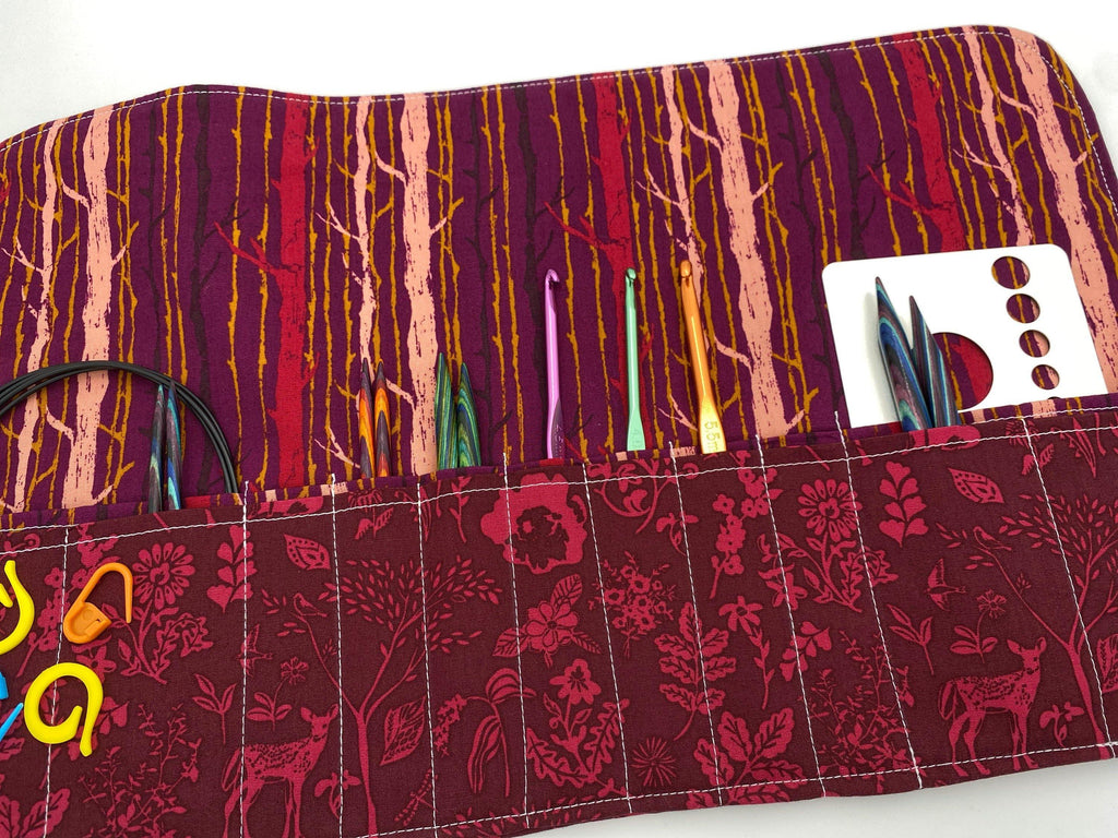 Interchangeable Knitting Needle Case, Knitting Notions Storage. Crochet Hook Roll, Knitting Needle Organizer - Forest Magenta