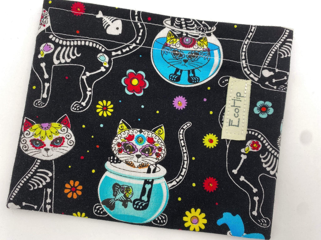 Reusable Snack Bag, Reusable Baggie, Sugar Skulls Snack Bag, Fabric Snack Bag, Reusable Fabric Snack Bag -  Sugar Skulls Kitty