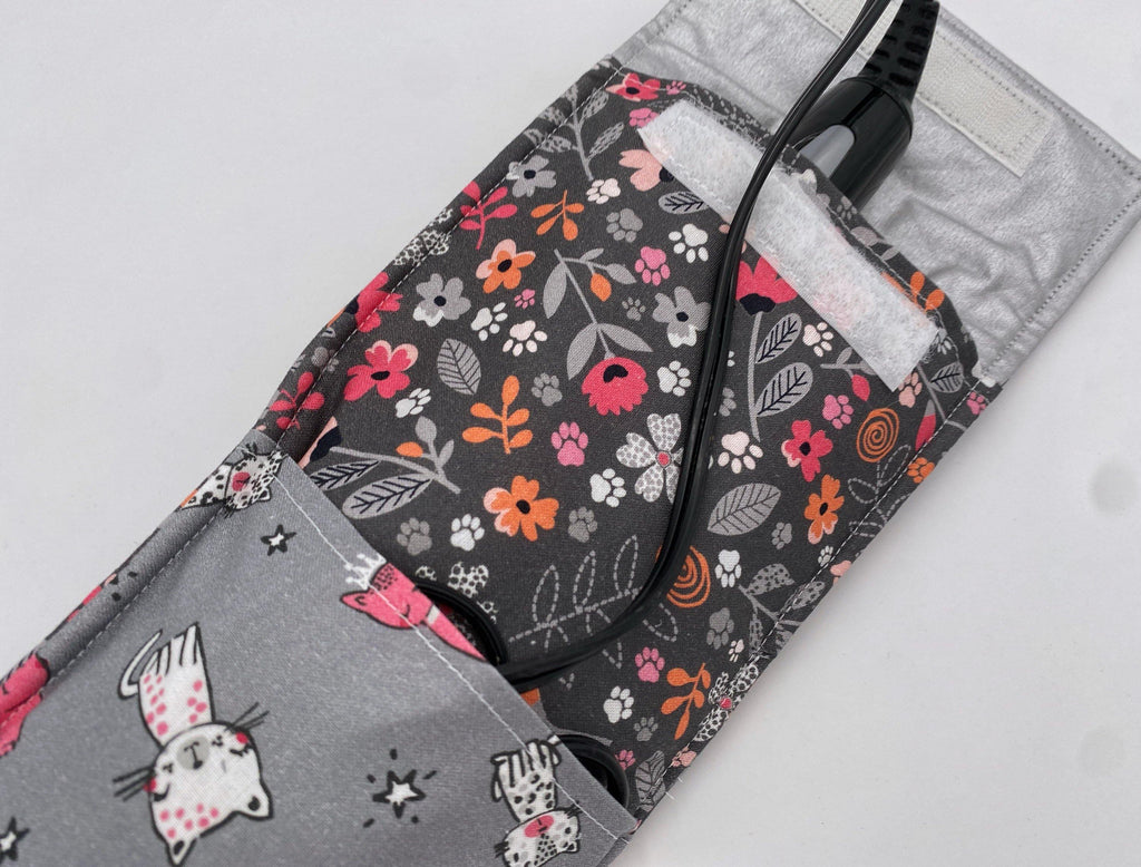 Travel Curling Iron Holder , Curling Iron Case, Flat Iron Holder, Flat Iron Case, Travel Flat Iron Sleeve - Floral Kitty Gray