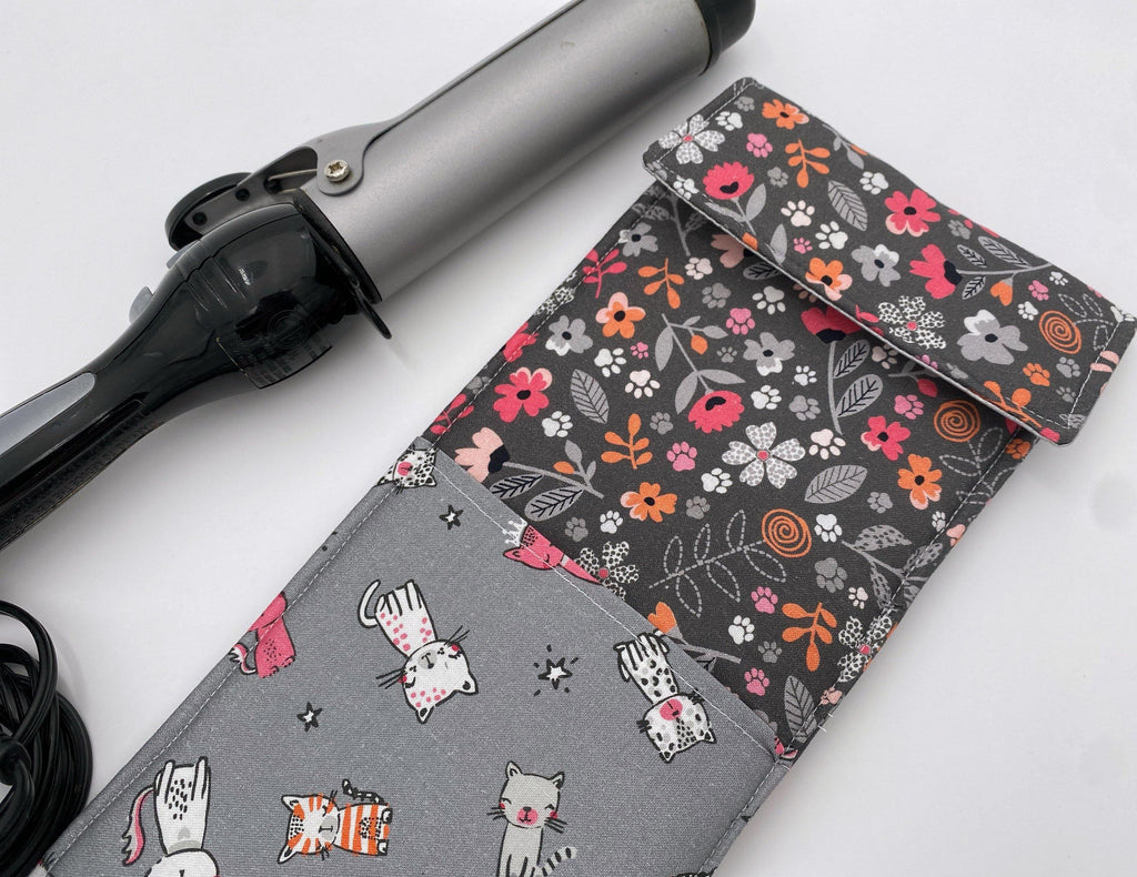 Travel Curling Iron Holder , Curling Iron Case, Flat Iron Holder, Flat Iron Case, Travel Flat Iron Sleeve - Floral Kitty Gray