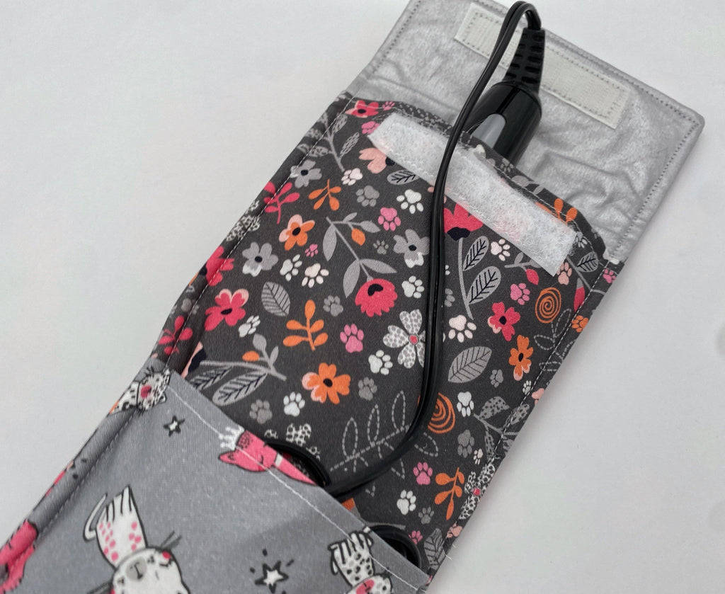 Travel Curling Iron Holder , Curling Iron Case, Flat Iron Holder, Flat Iron Case, Travel Flat Iron Sleeve - Floral Kitty Gray