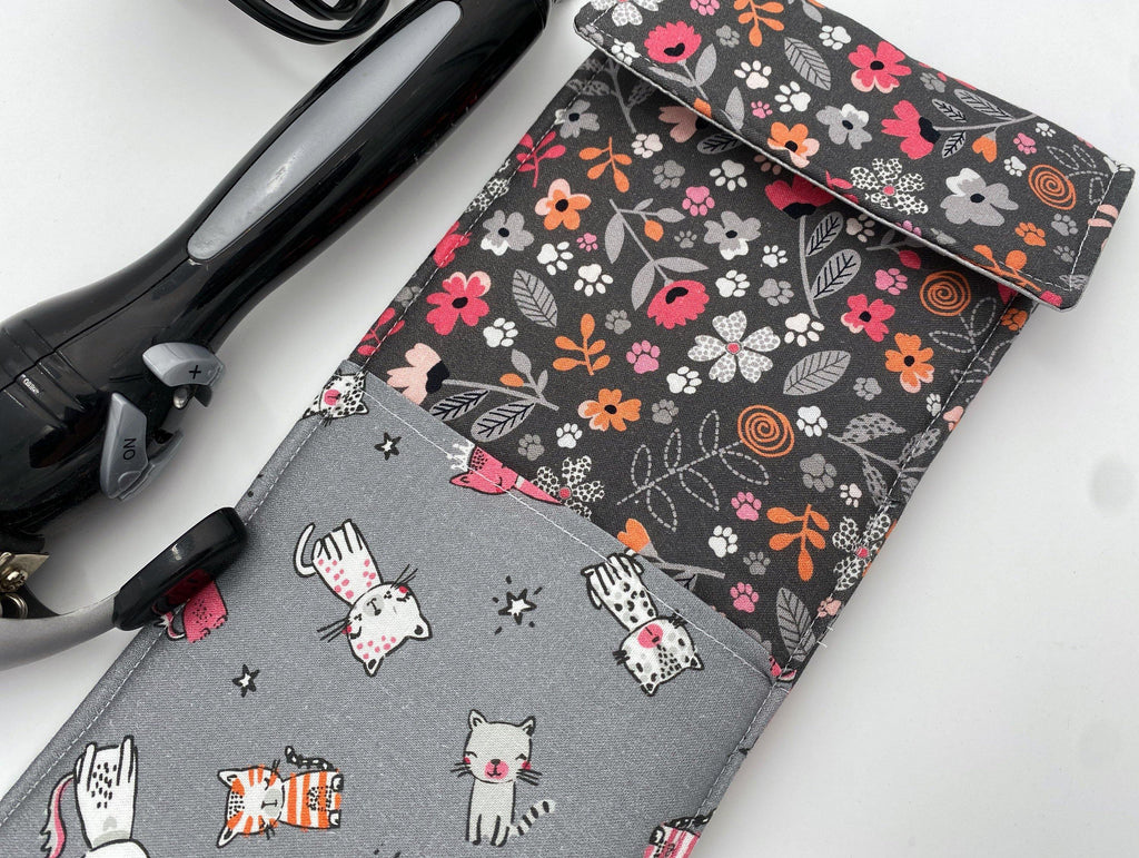 Travel Curling Iron Holder , Curling Iron Case, Flat Iron Holder, Flat Iron Case, Travel Flat Iron Sleeve - Floral Kitty Gray