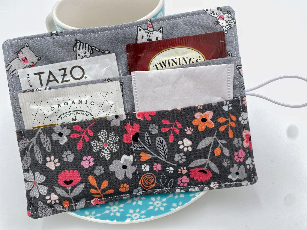 Tea Wallet, Tea Bag Holder, Pink Tea Bag Wallet, Teabag Wallet, Teabag Holder, Tea Bag Cozy - Floral Kitty Gray