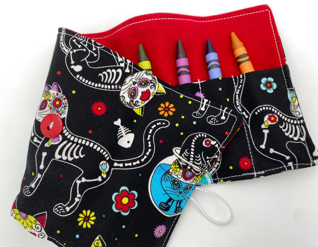 Boy&#39;s Crayon Roll, Crayon Case, Toddler Travel Toy, Party Favor, Travel Crayon Caddy - Sugar Skulls Kitty