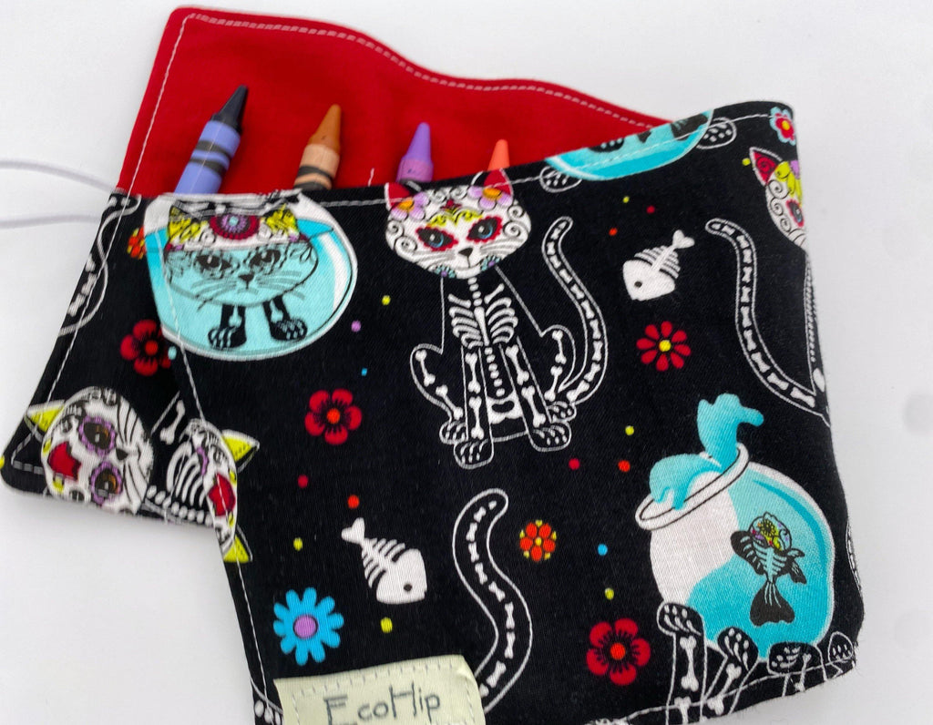 Boy&#39;s Crayon Roll, Crayon Case, Toddler Travel Toy, Party Favor, Travel Crayon Caddy - Sugar Skulls Kitty