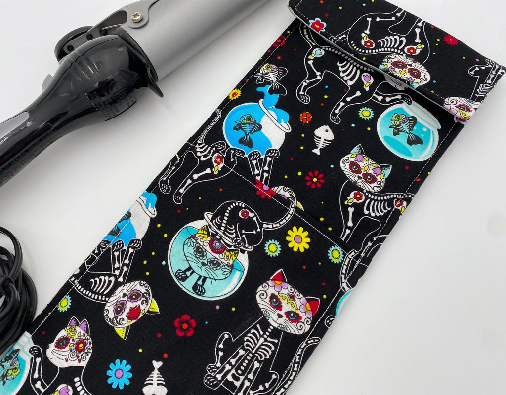 Sugar Skull Curling Iron Holder, Curling Iron Case, Black Flat Iron Holder, Travel Flat Iron Case, Curling Iron Sleeve - Sugar Skulls Kitty