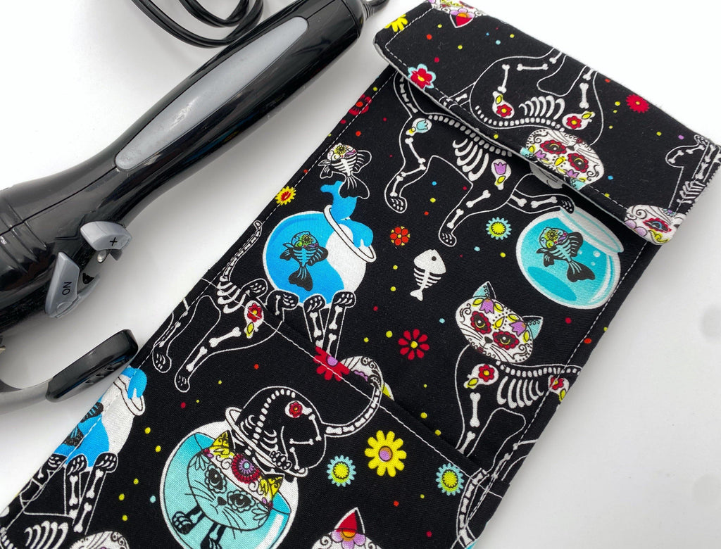 Sugar Skull Curling Iron Holder, Curling Iron Case, Black Flat Iron Holder, Travel Flat Iron Case, Curling Iron Sleeve - Sugar Skulls Kitty