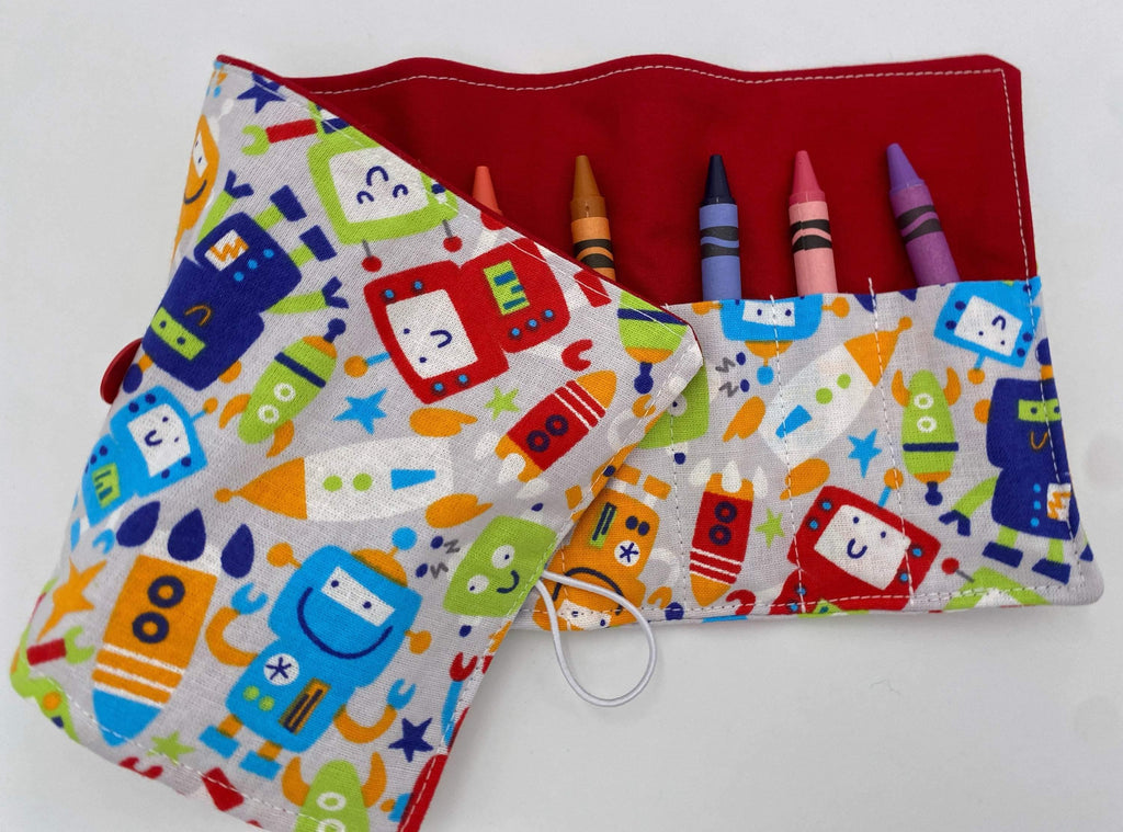 Trains Crayon Roll, Crayon Caddy, Toddler Birthday Party, Boy&#39;s Crayon Case, Robots, Gray