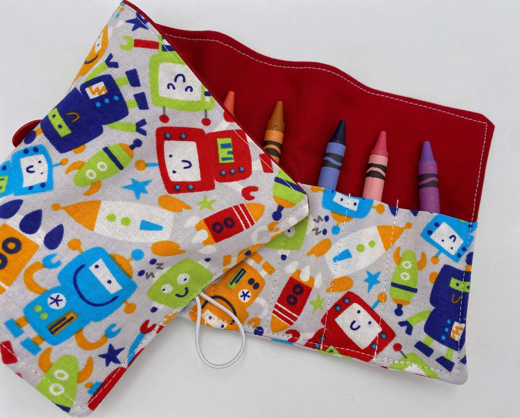 Trains Crayon Roll, Crayon Caddy, Toddler Birthday Party, Boy&#39;s Crayon Case, Robots, Gray