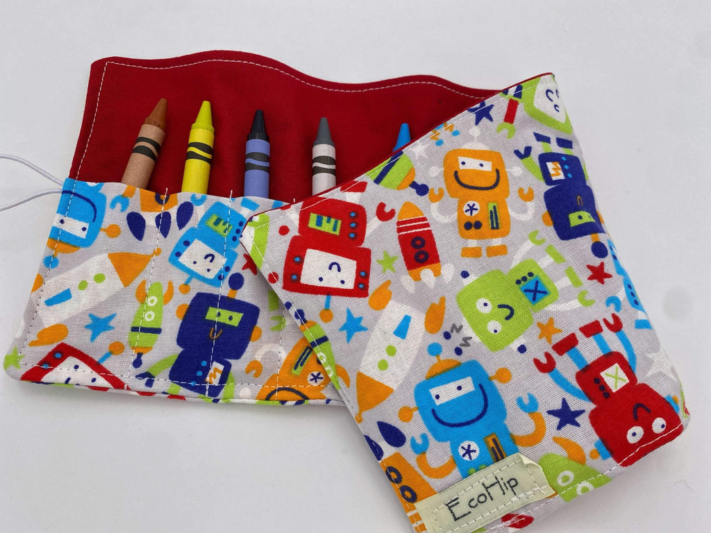 Trains Crayon Roll, Crayon Caddy, Toddler Birthday Party, Boy&#39;s Crayon Case, Robots, Gray