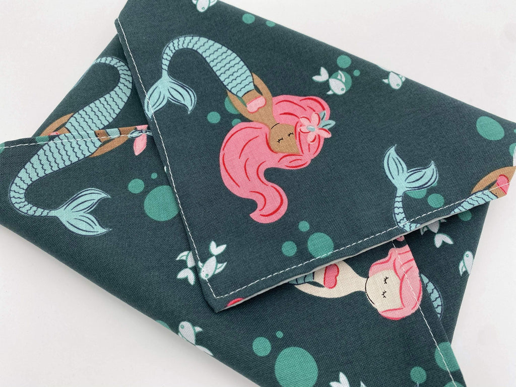 Reusable Sandwich Bag, Mermaid Sandwich Wrap, Reusable Sandwich Mat - Teal Mermaids