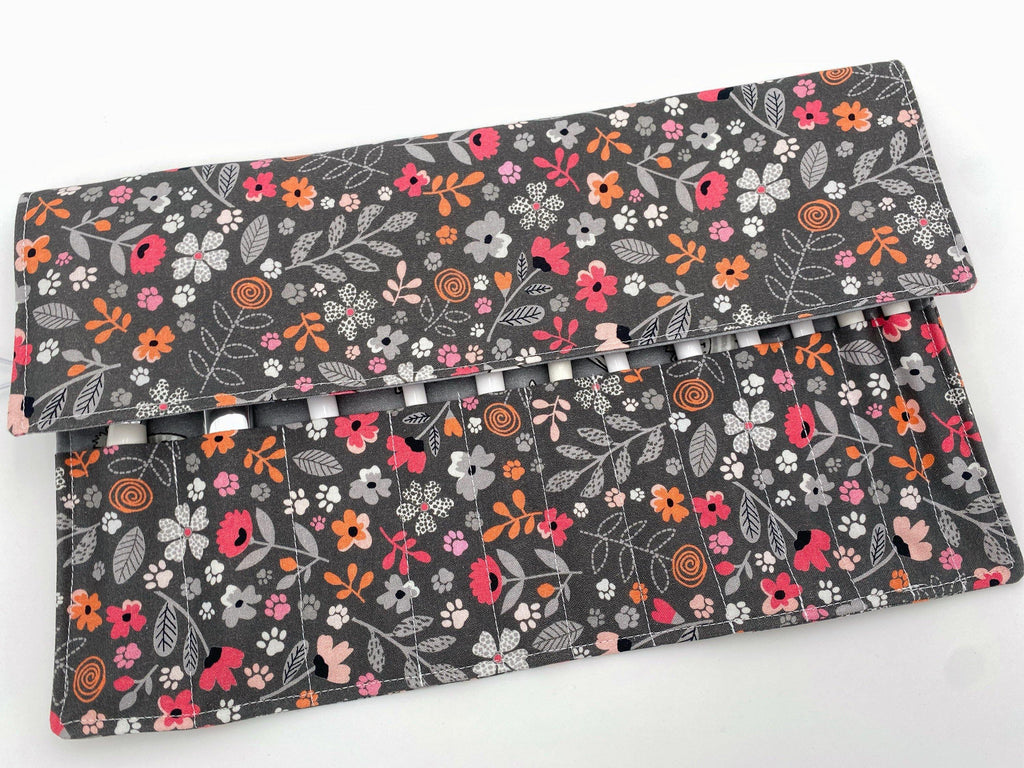 Makeup Brush Roll, Travel Make Up Brush Holder, Makeup Brush Bag, Fabric Makeup Brush Organizer, Knitting Needle Roll - Floral Kitty Gray