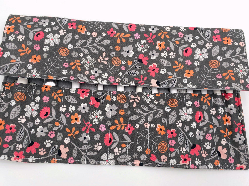 Makeup Brush Roll, Travel Make Up Brush Holder, Makeup Brush Bag, Fabric Makeup Brush Organizer, Knitting Needle Roll - Floral Kitty Gray