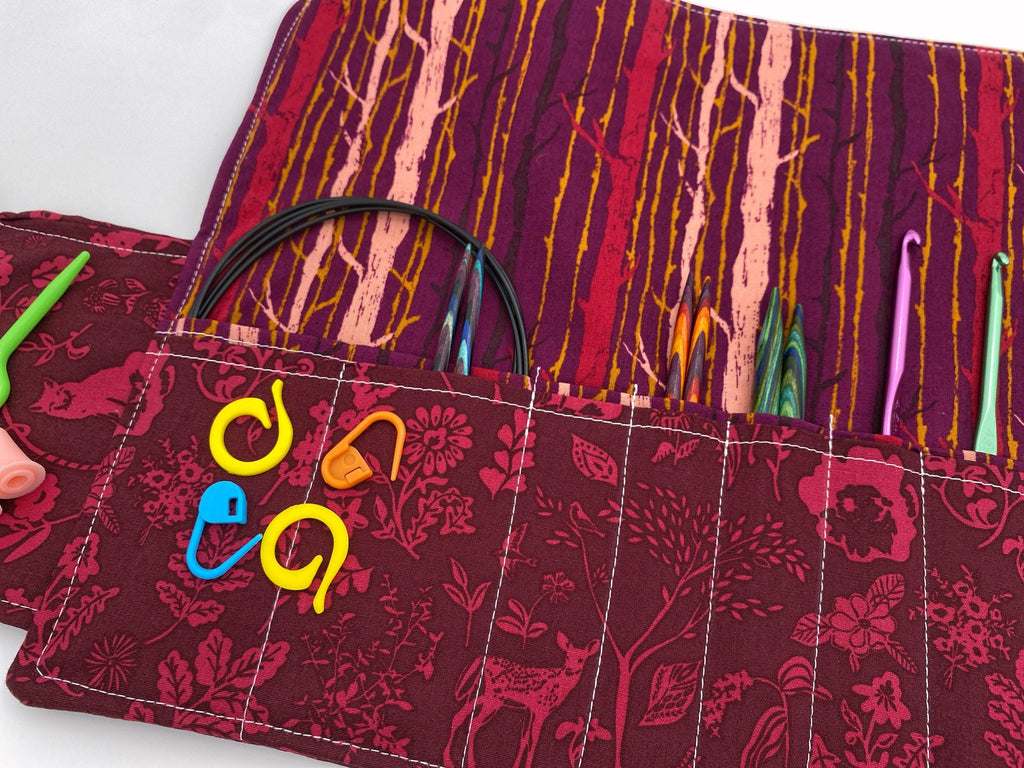 Interchangeable Knitting Needle Case, Knitting Notions Storage. Crochet Hook Roll, Knitting Needle Organizer - Forest Magenta