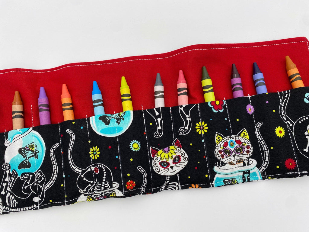 Boy&#39;s Crayon Roll, Crayon Case, Toddler Travel Toy, Party Favor, Travel Crayon Caddy - Sugar Skulls Kitty