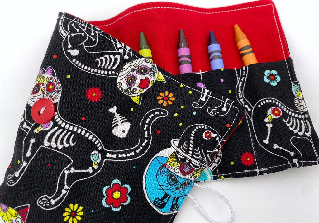 Boy&#39;s Crayon Roll, Crayon Case, Toddler Travel Toy, Party Favor, Travel Crayon Caddy - Sugar Skulls Kitty