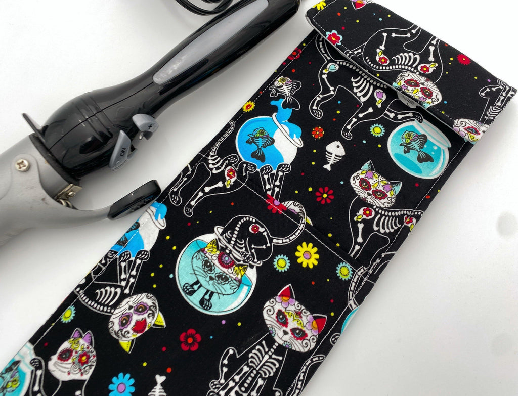 Sugar Skull Curling Iron Holder, Curling Iron Case, Black Flat Iron Holder, Travel Flat Iron Case, Curling Iron Sleeve - Sugar Skulls Kitty