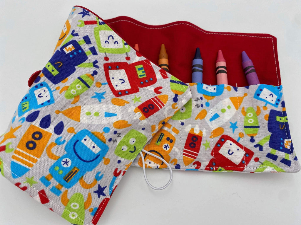 Trains Crayon Roll, Crayon Caddy, Toddler Birthday Party, Boy&#39;s Crayon Case, Robots, Gray