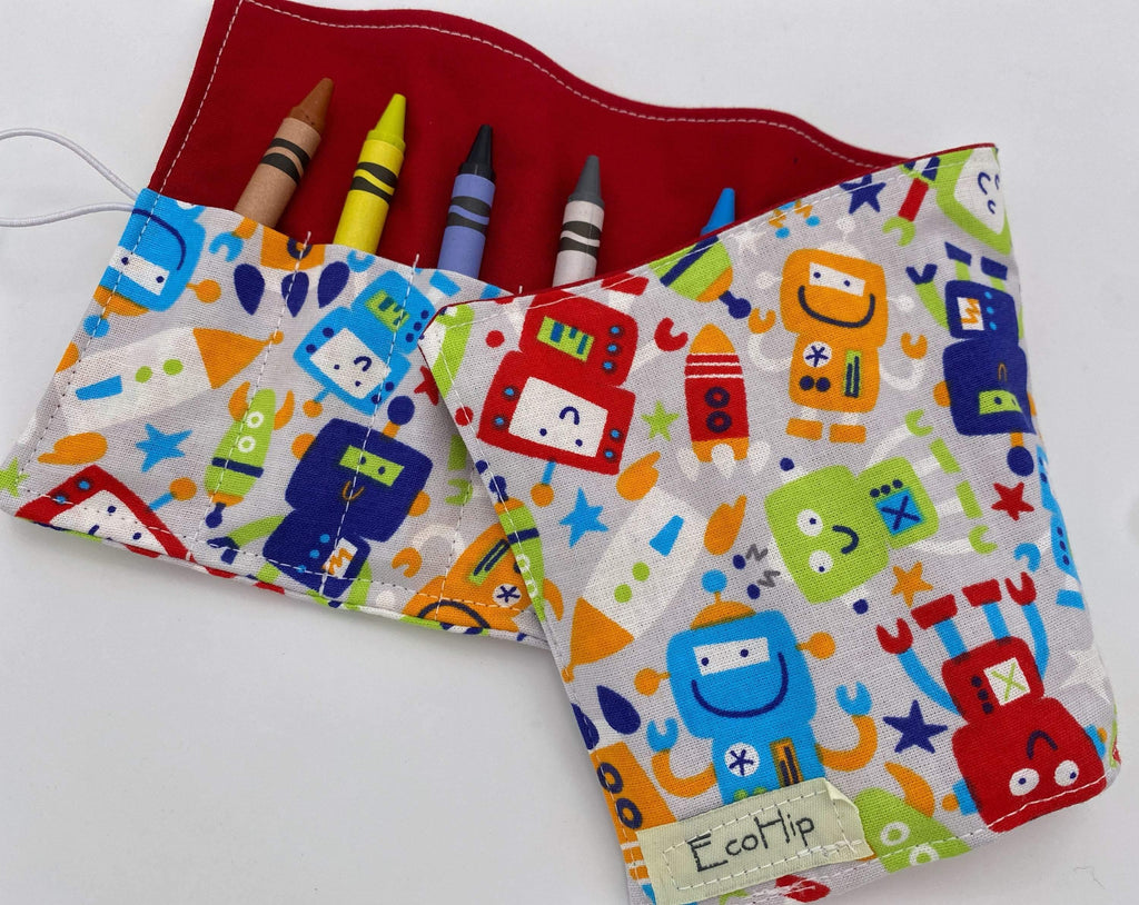 Trains Crayon Roll, Crayon Caddy, Toddler Birthday Party, Boy&#39;s Crayon Case, Robots, Gray