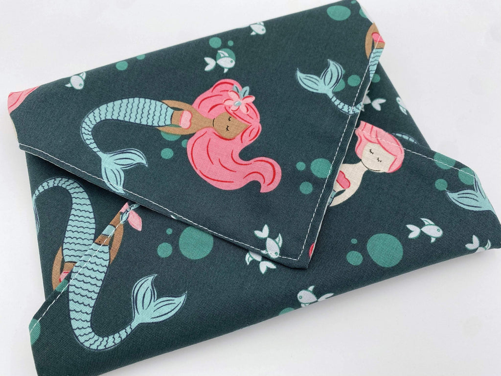 Reusable Sandwich Bag, Mermaid Sandwich Wrap, Reusable Sandwich Mat - Teal Mermaids