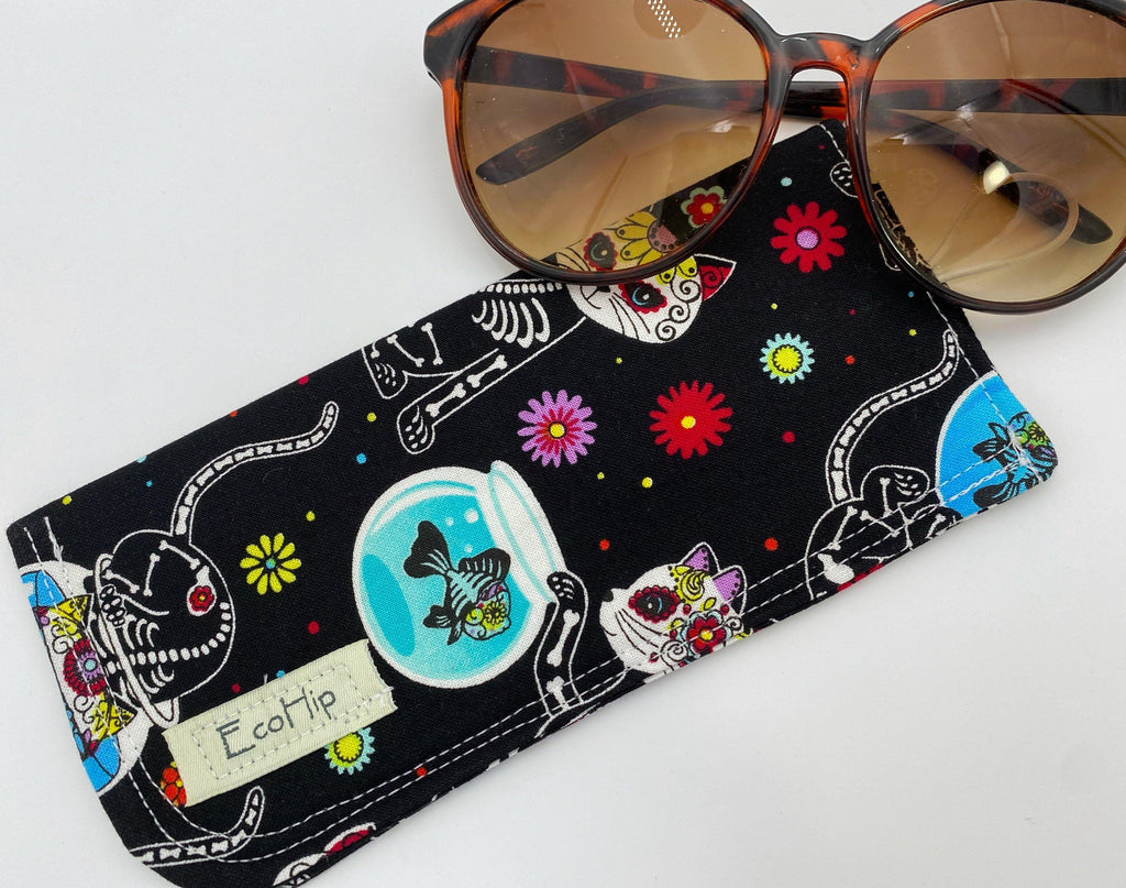 Fabric Eyeglass Case, Soft Sunglass Case, Eye Glasses Sleeve, Eyeglass Pouch -  Sugar Skulls Kitty