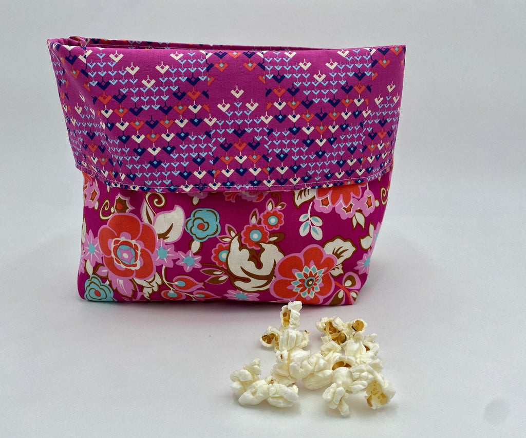 Reusable Popcorn Bag, Reusable Microwave Popcorn, Microwave Popcorn Cozy, Eco-Friendly Snack Holder - Floral Magenta