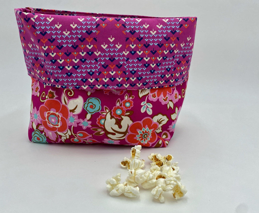 Reusable Popcorn Bag, Reusable Microwave Popcorn, Microwave Popcorn Cozy, Eco-Friendly Snack Holder - Floral Magenta