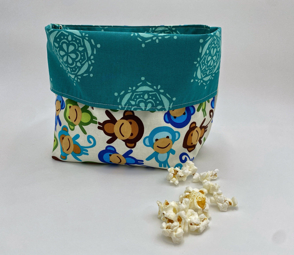 Reusable Popcorn Bag, Reusable Microwave Popcorn, Microwave Popcorn Cozy, Eco-Friendly Snack Holder - Monkeys Blue