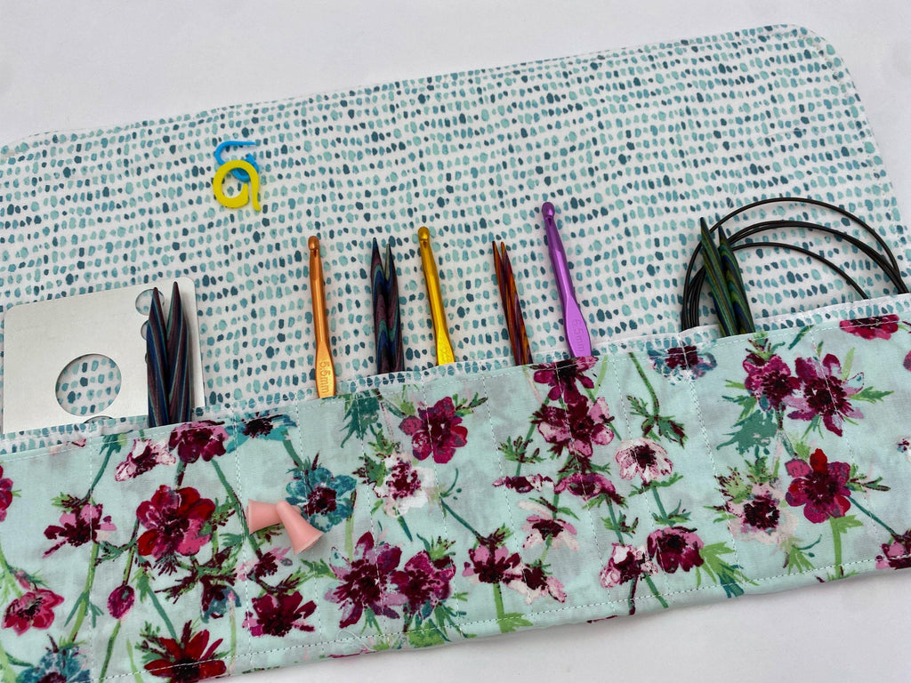 Interchangeable Knitting Needle Case, Knitting Notions Storage, Crochet Hook Roll, Knitting Needle Organizer - Aquarelle Morning