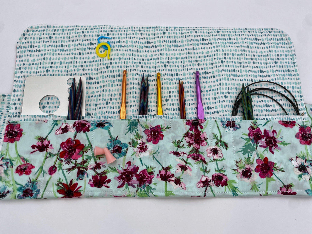 Interchangeable Knitting Needle Case, Knitting Notions Storage, Crochet Hook Roll, Knitting Needle Organizer - Aquarelle Morning