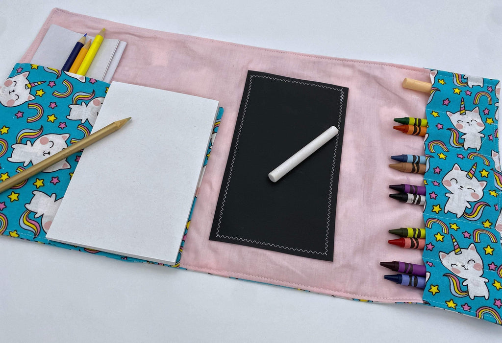 Activity Wallet, Travel Crayon Roll, Chalkboard Mat, Crayon Case, Gift for Kids, Pencil Case, Creative Toy, Stickers - Caticorn Rainbow