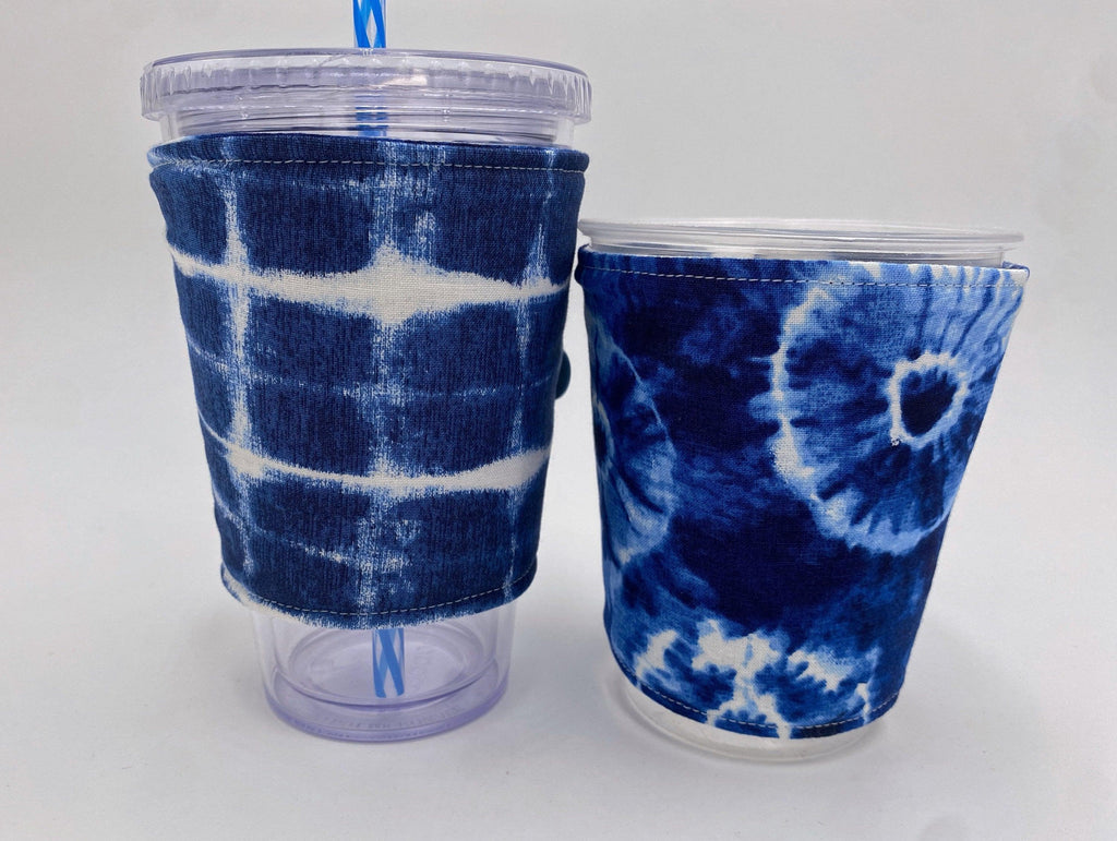 Reversible Coffee Cozy, Insulated Coffee Sleeve, Coffee Cuff, Iced Coffee Sleeve, Hot Tea Sleeve, Cold Drink Cup Cuff - Indigo Tie Dye