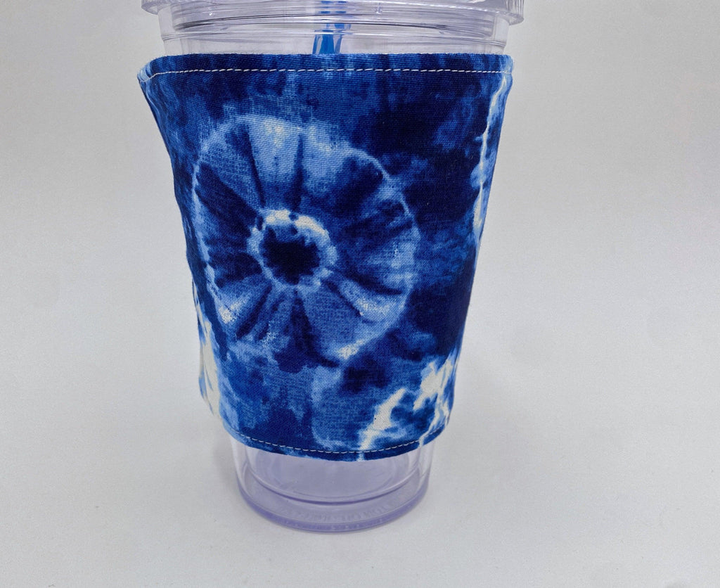 Reversible Coffee Cozy, Insulated Coffee Sleeve, Coffee Cuff, Iced Coffee Sleeve, Hot Tea Sleeve, Cold Drink Cup Cuff - Indigo Tie Dye