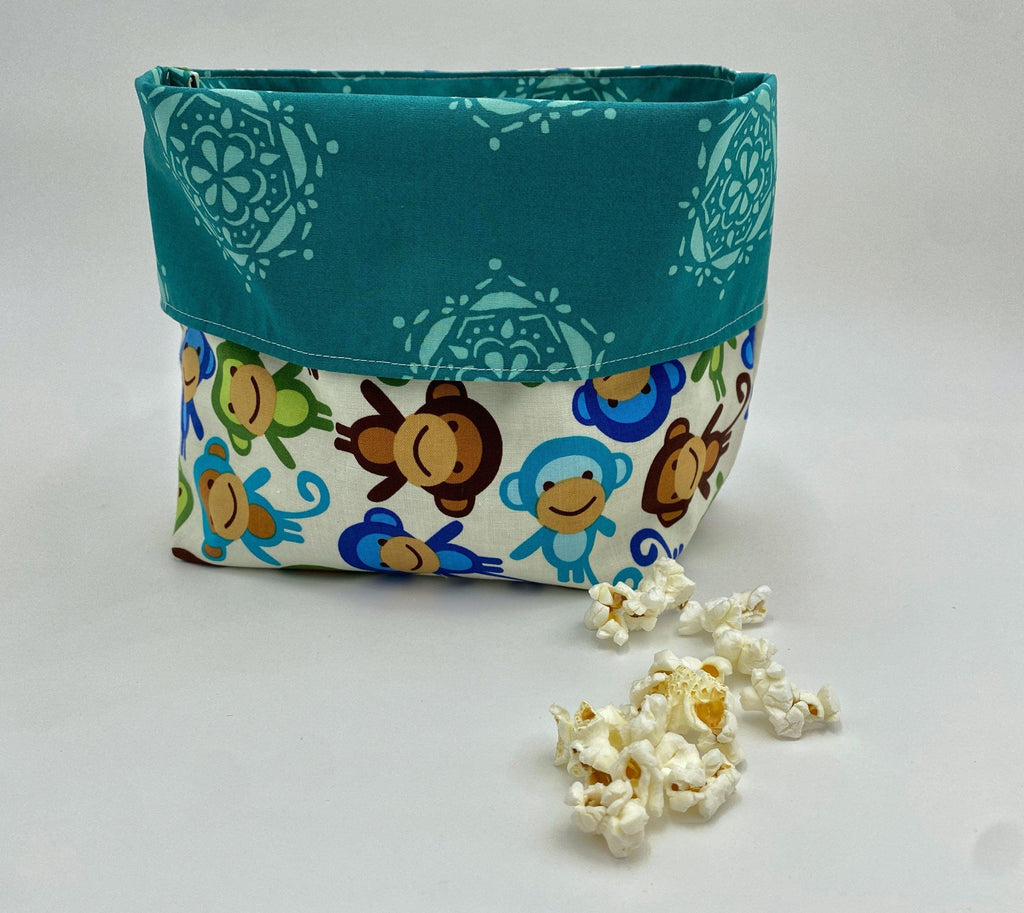 Reusable Popcorn Bag, Reusable Microwave Popcorn, Microwave Popcorn Cozy, Eco-Friendly Snack Holder - Monkeys Blue