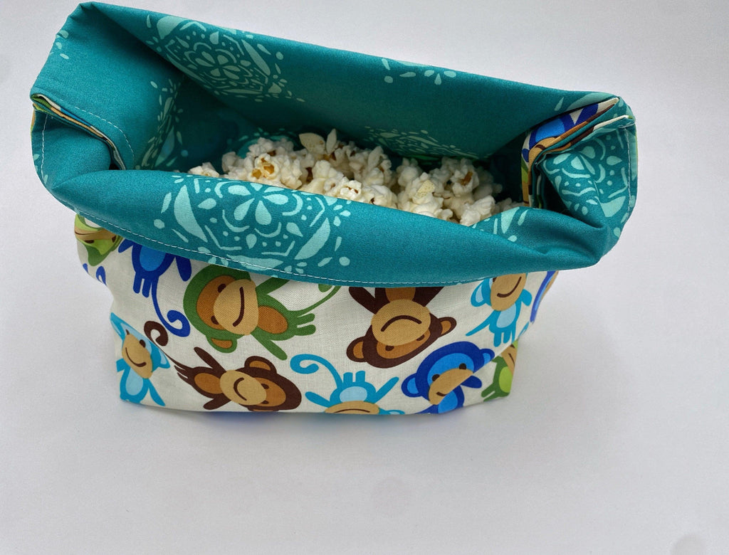 Reusable Popcorn Bag, Reusable Microwave Popcorn, Microwave Popcorn Cozy, Eco-Friendly Snack Holder - Monkeys Blue