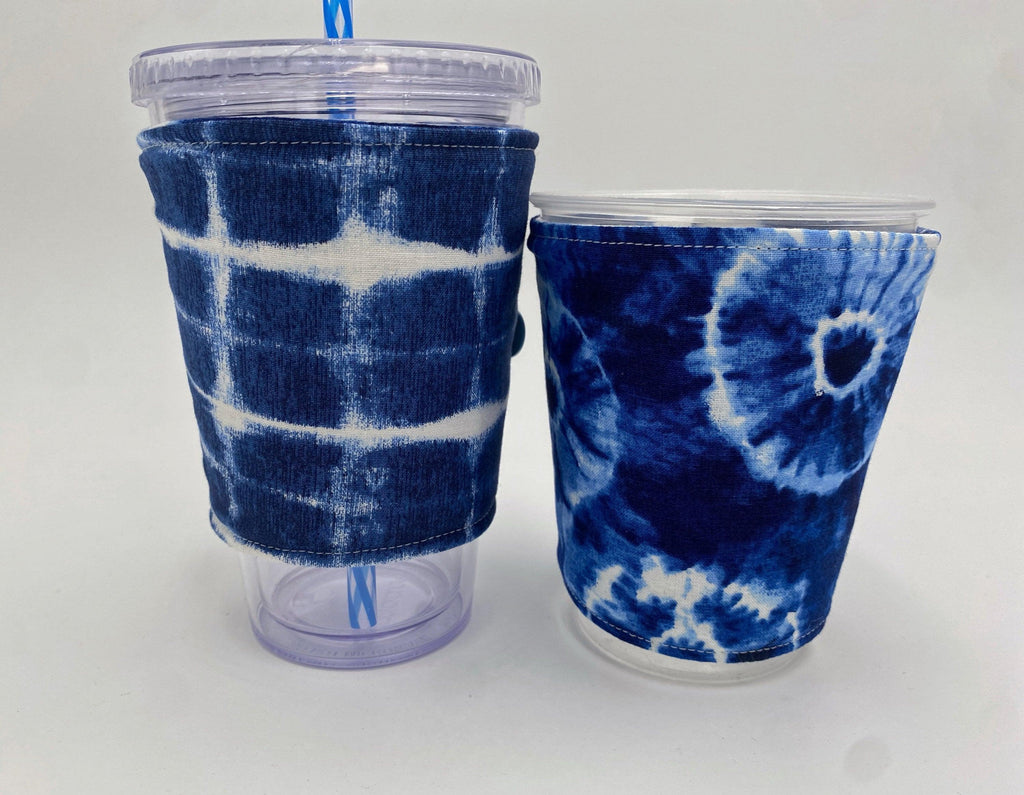 Reversible Coffee Cozy, Insulated Coffee Sleeve, Coffee Cuff, Iced Coffee Sleeve, Hot Tea Sleeve, Cold Drink Cup Cuff - Indigo Tie Dye