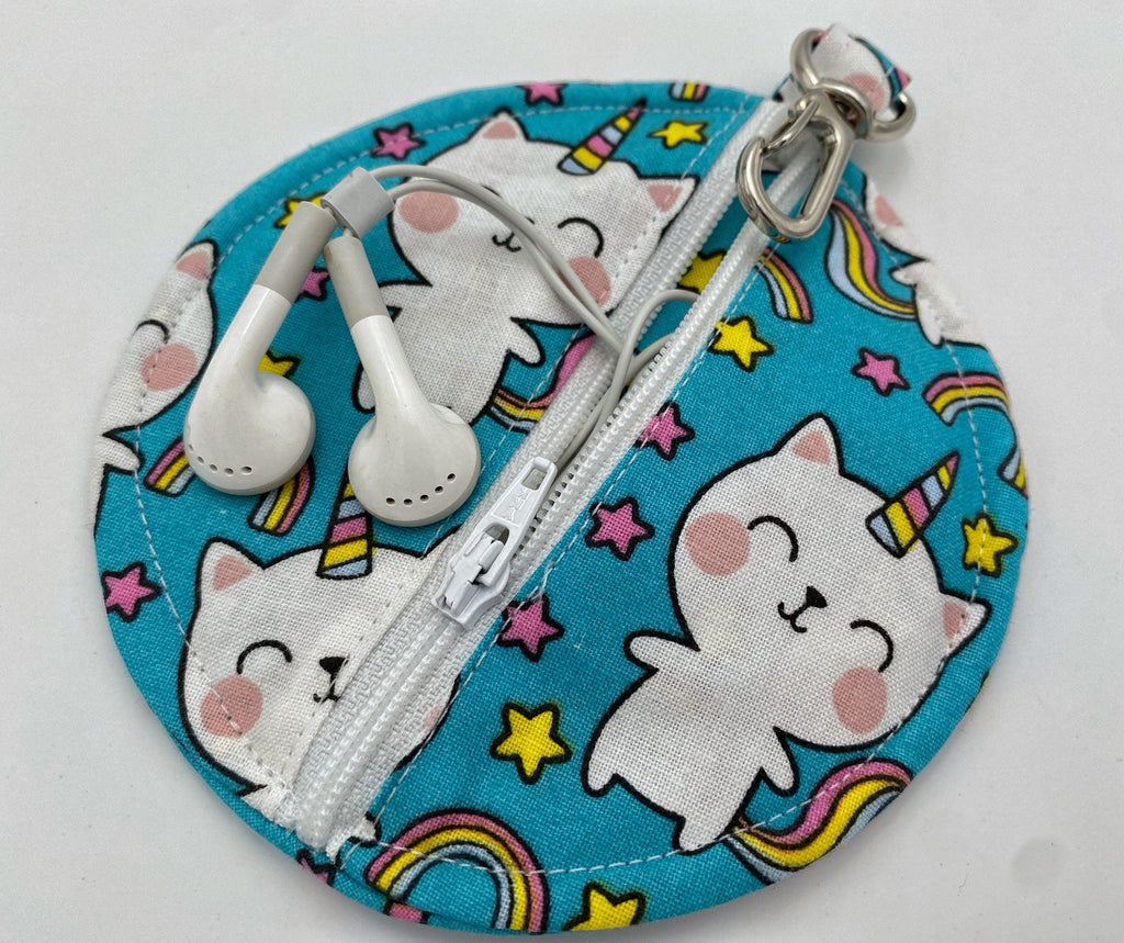 Ear Bud Pouch, Lens Cap Holder, Pacifier Pouch, Ear Bud Case, Paci Pod, Coin Purse, Ear Pod Cozy, Earpod Holder - Unicorn Cat Blue