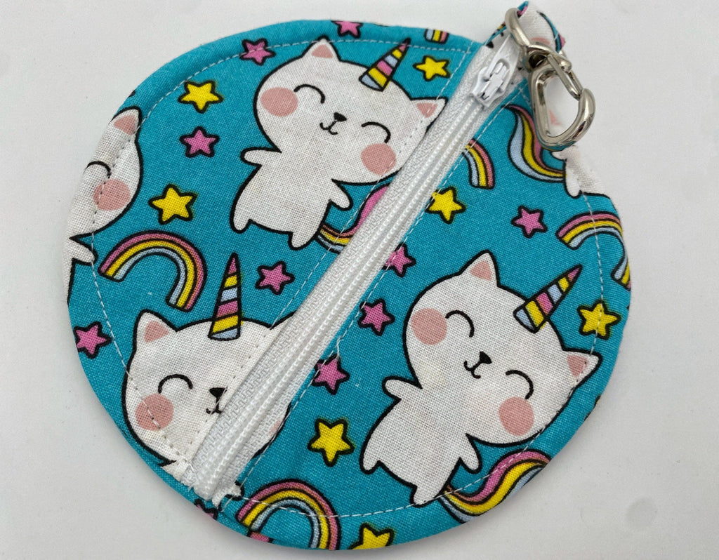 Ear Bud Pouch, Lens Cap Holder, Pacifier Pouch, Ear Bud Case, Paci Pod, Coin Purse, Ear Pod Cozy, Earpod Holder - Unicorn Cat Blue