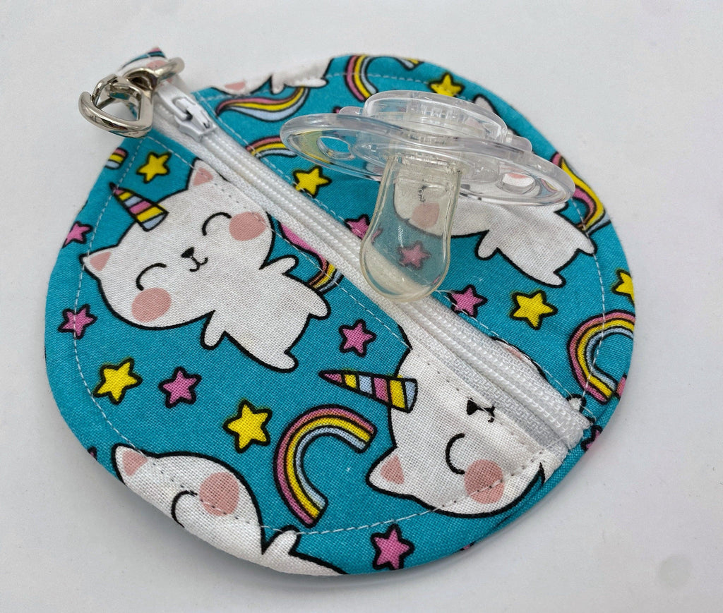 Ear Bud Pouch, Lens Cap Holder, Pacifier Pouch, Ear Bud Case, Paci Pod, Coin Purse, Ear Pod Cozy, Earpod Holder - Unicorn Cat Blue