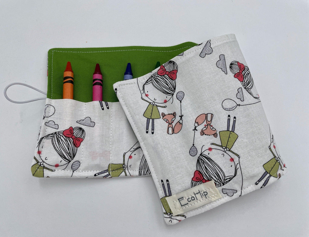 Crayon Roll, Crayon Caddy, Crayons Included, Girl Stocking Stuffer, Dog Crayon Case - Girl and Fox Friends