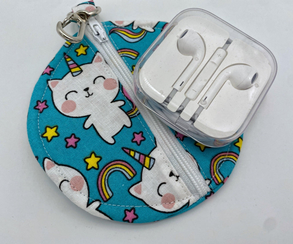 Ear Bud Pouch, Lens Cap Holder, Pacifier Pouch, Ear Bud Case, Paci Pod, Coin Purse, Ear Pod Cozy, Earpod Holder - Unicorn Cat Blue