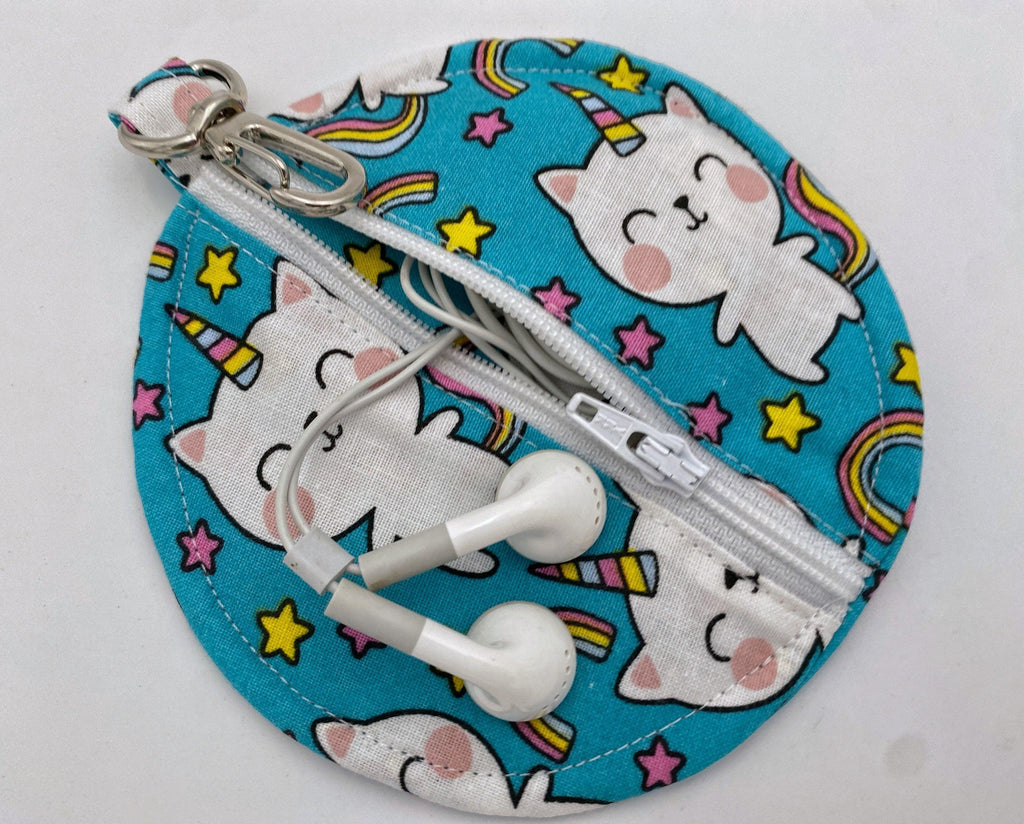 Ear Bud Pouch, Lens Cap Holder, Pacifier Pouch, Ear Bud Case, Paci Pod, Coin Purse, Ear Pod Cozy, Earpod Holder - Unicorn Cat Blue