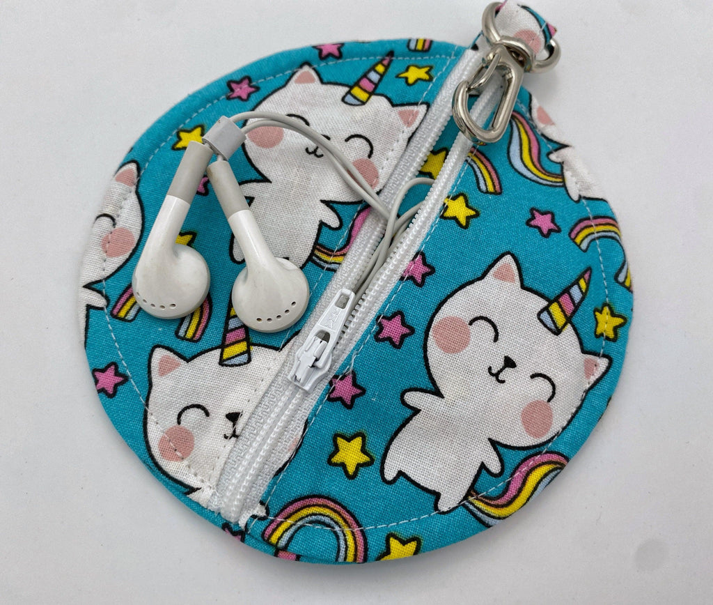 Ear Bud Pouch, Lens Cap Holder, Pacifier Pouch, Ear Bud Case, Paci Pod, Coin Purse, Ear Pod Cozy, Earpod Holder - Unicorn Cat Blue