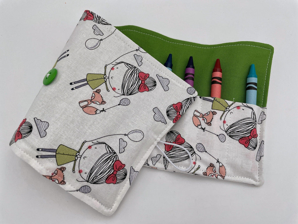 Crayon Roll, Crayon Caddy, Crayons Included, Girl Stocking Stuffer, Dog Crayon Case - Girl and Fox Friends