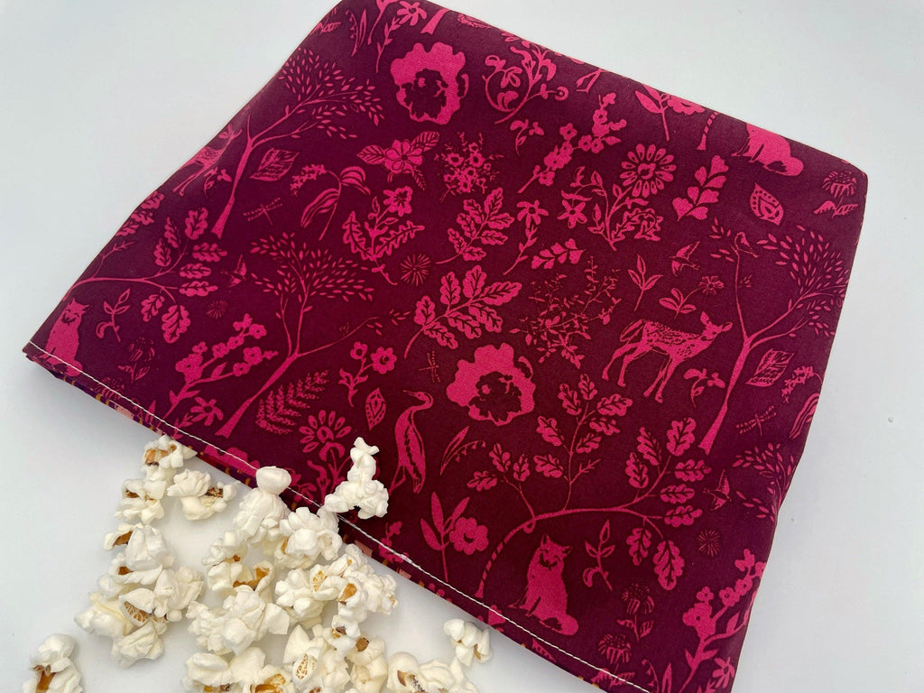 Reusable Popcorn Bag, Reusable Microwave Popcorn, Microwave Popcorn Cozy, Eco-Friendly Snack Holder - Forest Magenta