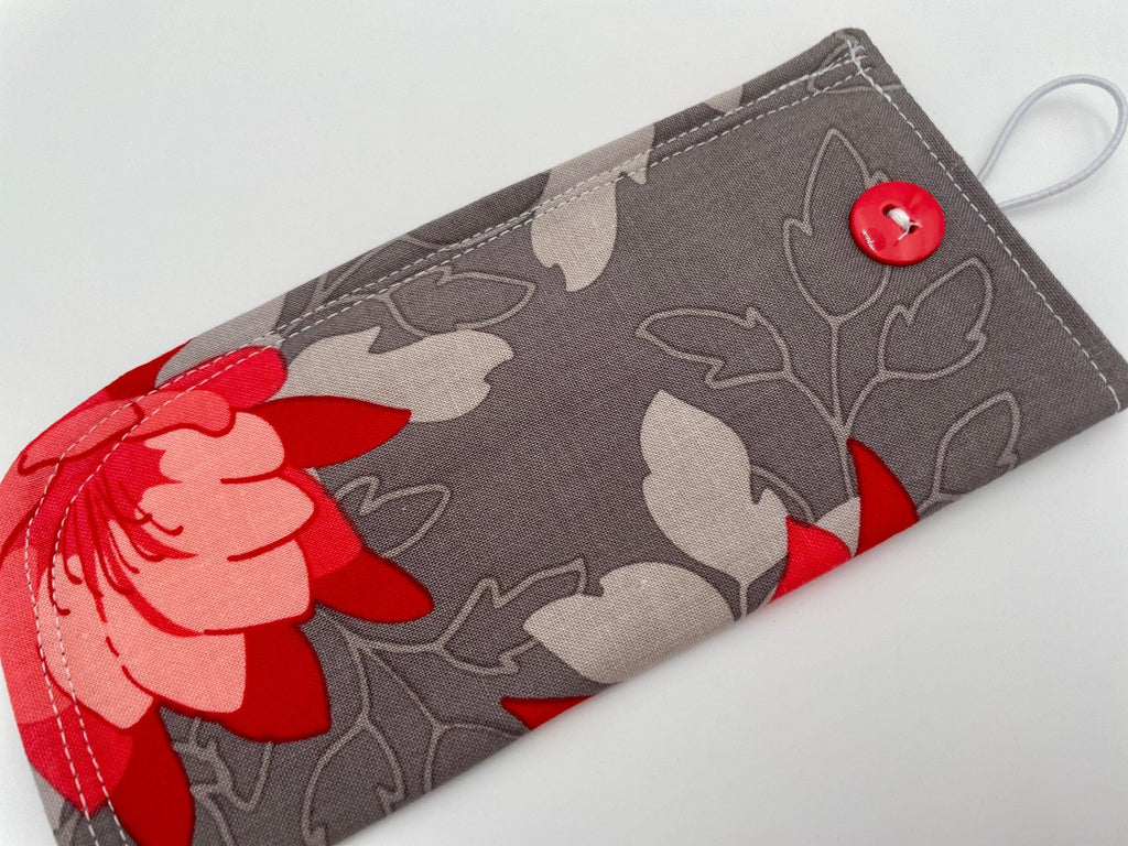 Fabric Eyeglass Case, Soft Sunglasses Case, Eye Glasses Sleeve, Eyeglass Pouch, Reading Glasses Case Holder - Red Floral and Gray