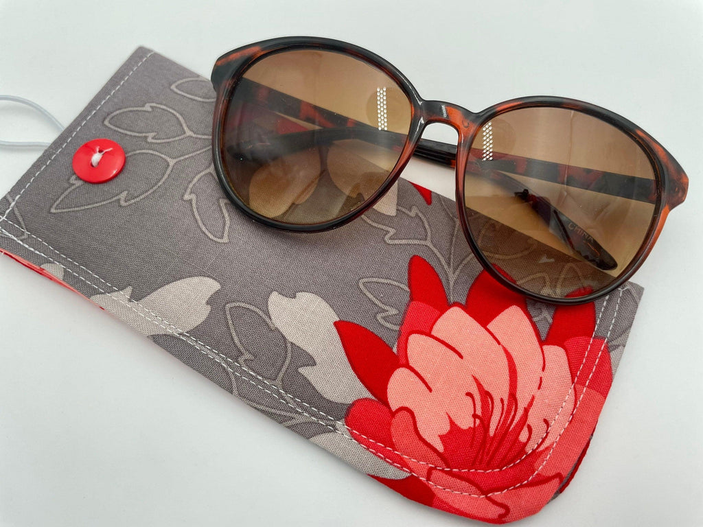 Fabric Eyeglass Case, Soft Sunglasses Case, Eye Glasses Sleeve, Eyeglass Pouch, Reading Glasses Case Holder - Red Floral and Gray